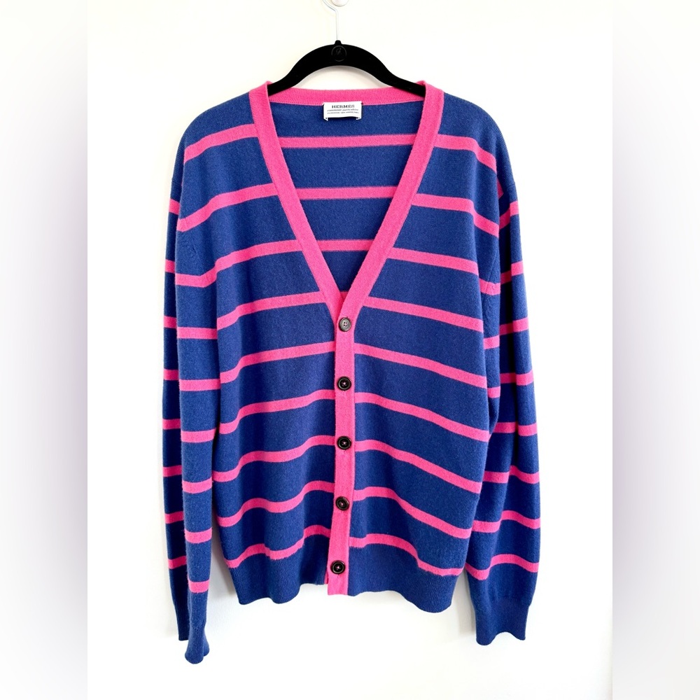 HERMES Commande Particulière Striped Pink Blue Cashmere Women's Sweater Cardigan